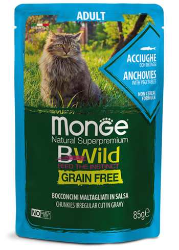 Monge Bwild Adult cat grain free sosić za  mačke sa inćunima i povrćem 85g