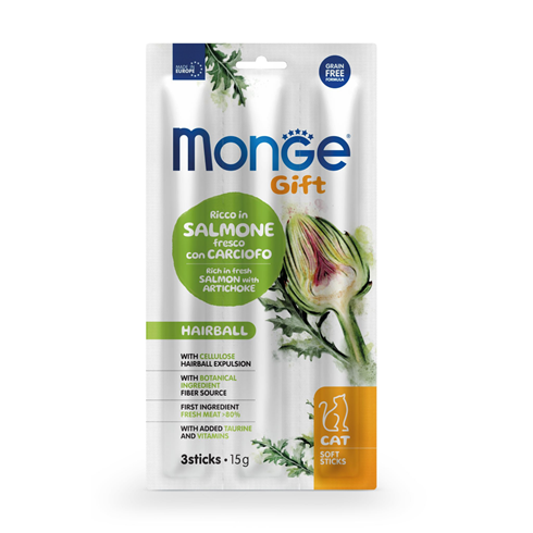 Monge Gift Sticks Grain Free Hairball losos&artičoka poslastica za mačke (3kom) 15g