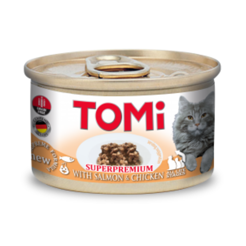 TOMi chunks losos i piletina u sosu konzerva za mačke 85g, sočni komadići u sosu