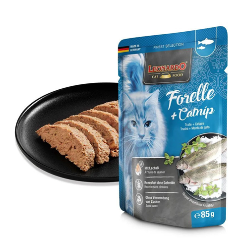 Leonardo Adult sosić za mačke Pastrmka&Mačja trava 85g – prirodna podrška vitalnosti