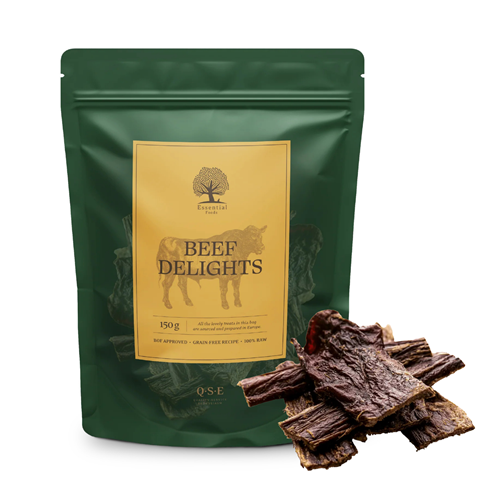 ESSENTIAL Beef Delights poslastica za pse 150g – prirodna goveđa nagrada za zdrave zube 🐶🥩✨