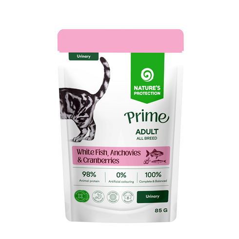 Nature’s Protection Prime Urinary sosić za mačke Bela riba, Inćuni & Brusnica 85g