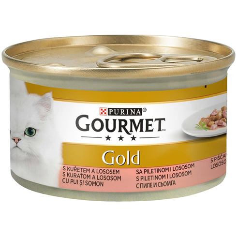 GOURMET GOLD Konzerva za mačke Piletina&losos komadići u sosu 85g