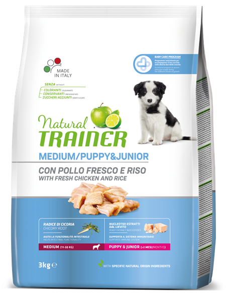 TRAINER Natural sa piletinom i pirinčem za štence i mlade pse srednjih rasa 3kg