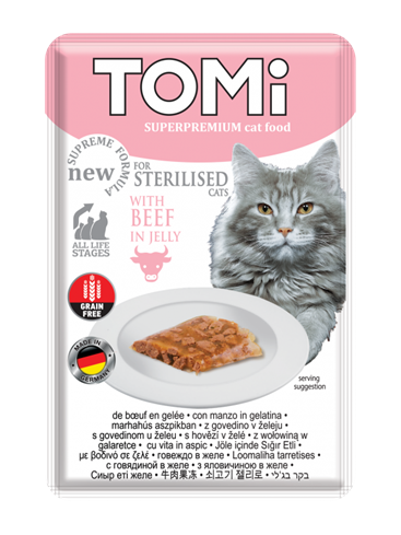 TOMi sosić za sterilisane mačke sa govedinom u želeu bez žitarica 100g