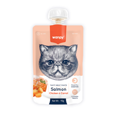 Wanpy Tasty Meat Pasta za mačke sa lososom, piletinom i šargarepom 90g