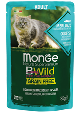 Monge BWild Adult Grain Free sosić za mačke sa bakalarom, škampima i povrćem 85g